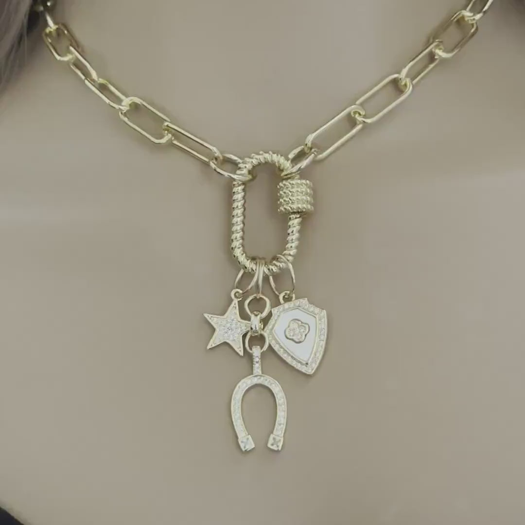 Gold Paperclip Chain-Charm Necklace-Rope Design Carabiner-Screw Clasp-3 Micro Pave CZ Charms-Star Charm-Horseshoe Charm-Crest Clover Charm