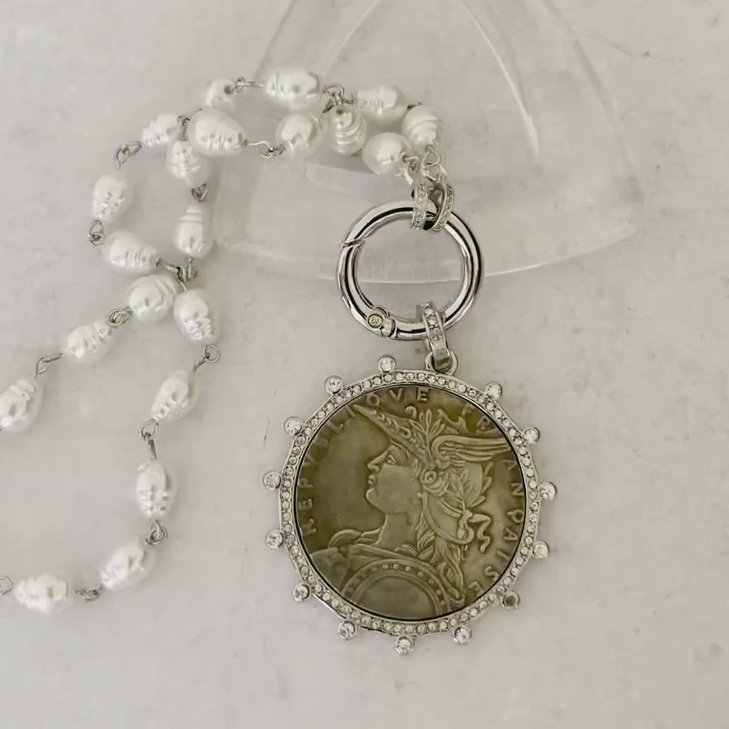 Silver Coin Pendant Necklace: CZ Bezel, Replica Pearl Chain