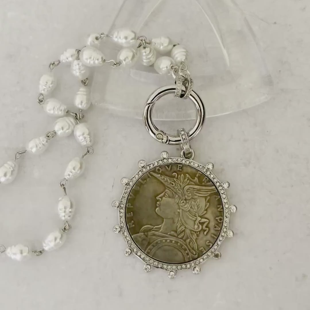 Silver Coin Pendant Necklace: CZ Bezel, Replica Pearl Chain