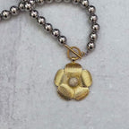 Silver Plated Silicone Bead Necklace- Gold Textured CZ Flower Pendant- Mixed Metal Jewelry-Toggle Clasp-16in Statement Necklace-Gift For Her