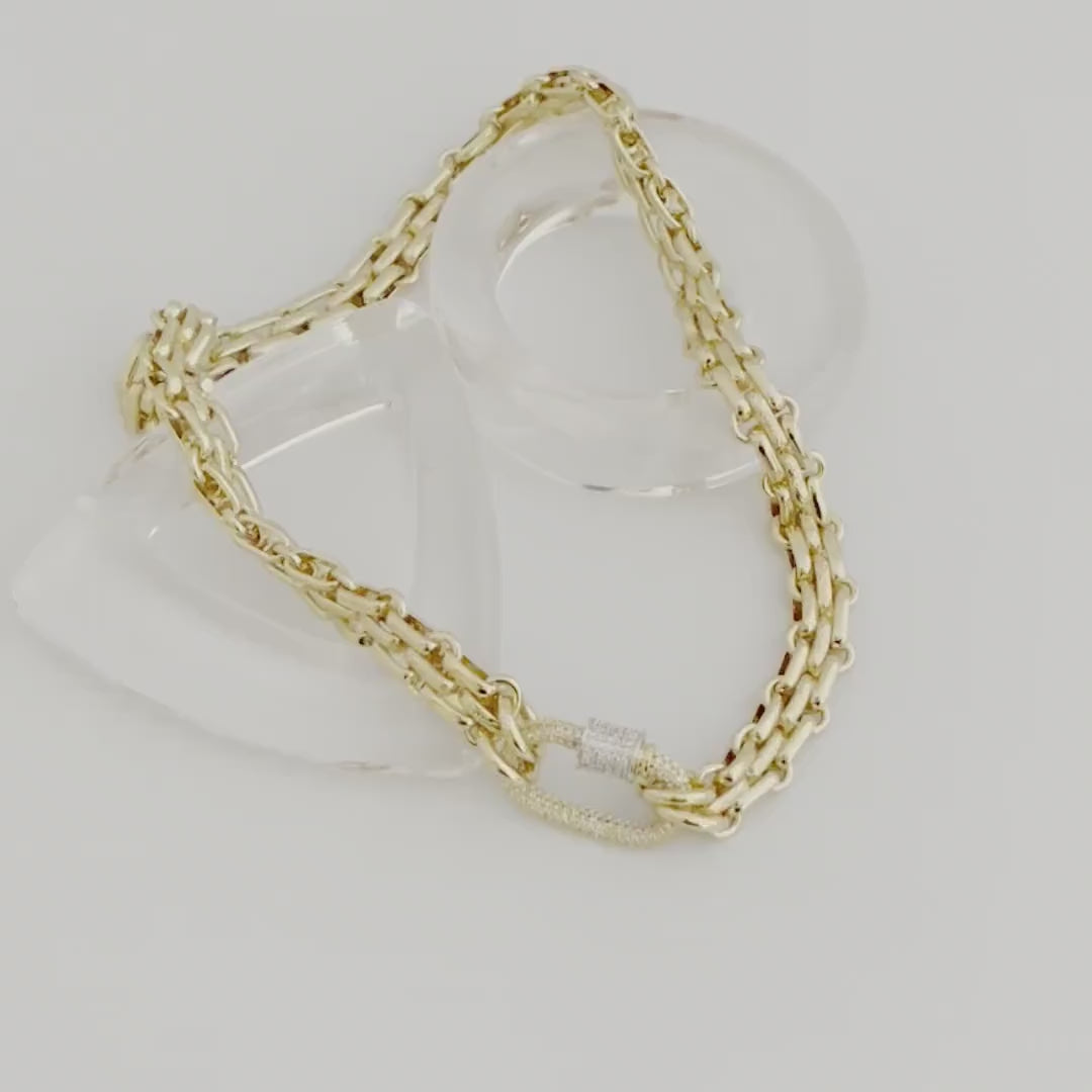 Gold Carabiner Necklace-Chunky Multilink Chain Necklace-Shiny Textured Chain Necklace- Pave Screw Lock Clasp