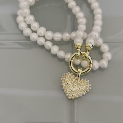 Freshwater Pearl Necklace-Pearl Encrusted Heart Pendant-Length 16ins-18ins-20ins-Spring Lock Clasp-Gift For Her