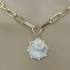 Gold Paperclip Chain Necklace-Mother of Pearl Pendant-CZ Encrusted Bezel-Freshwater Heart Pearl Charm-Lobster Clasp