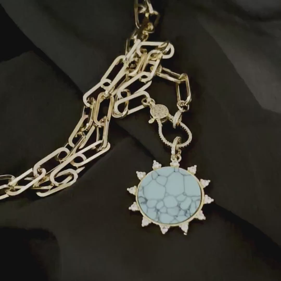 Gold Paperclip Chain Necklace – Turquoise Howlite Pendant, Spiked CZ