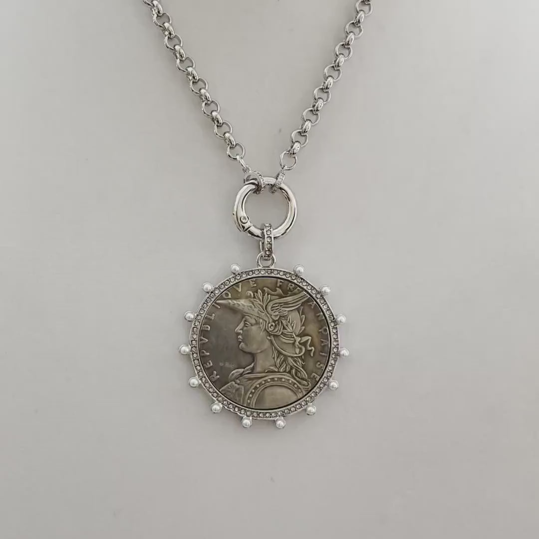 Silver Belcher Coin Necklace-Reproduction French Madagascar Medallion-Pearl Bezel Coin Pendant-Spring Lock Clasp