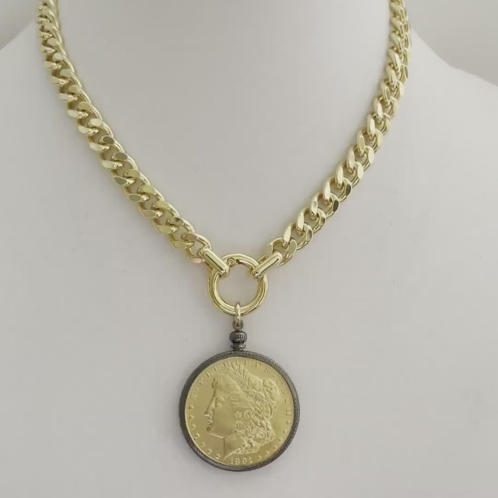 Gold Miami Cuban Chain Necklace: Reproduction Morgan Dollar Coin Pendant