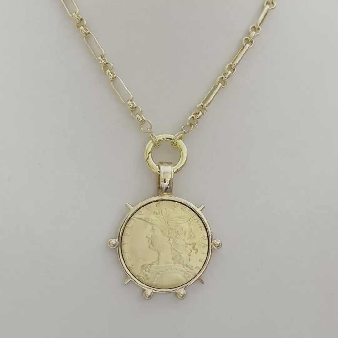Gold French Coin Pendant Necklace, Art Deco Reproduction Jewelry