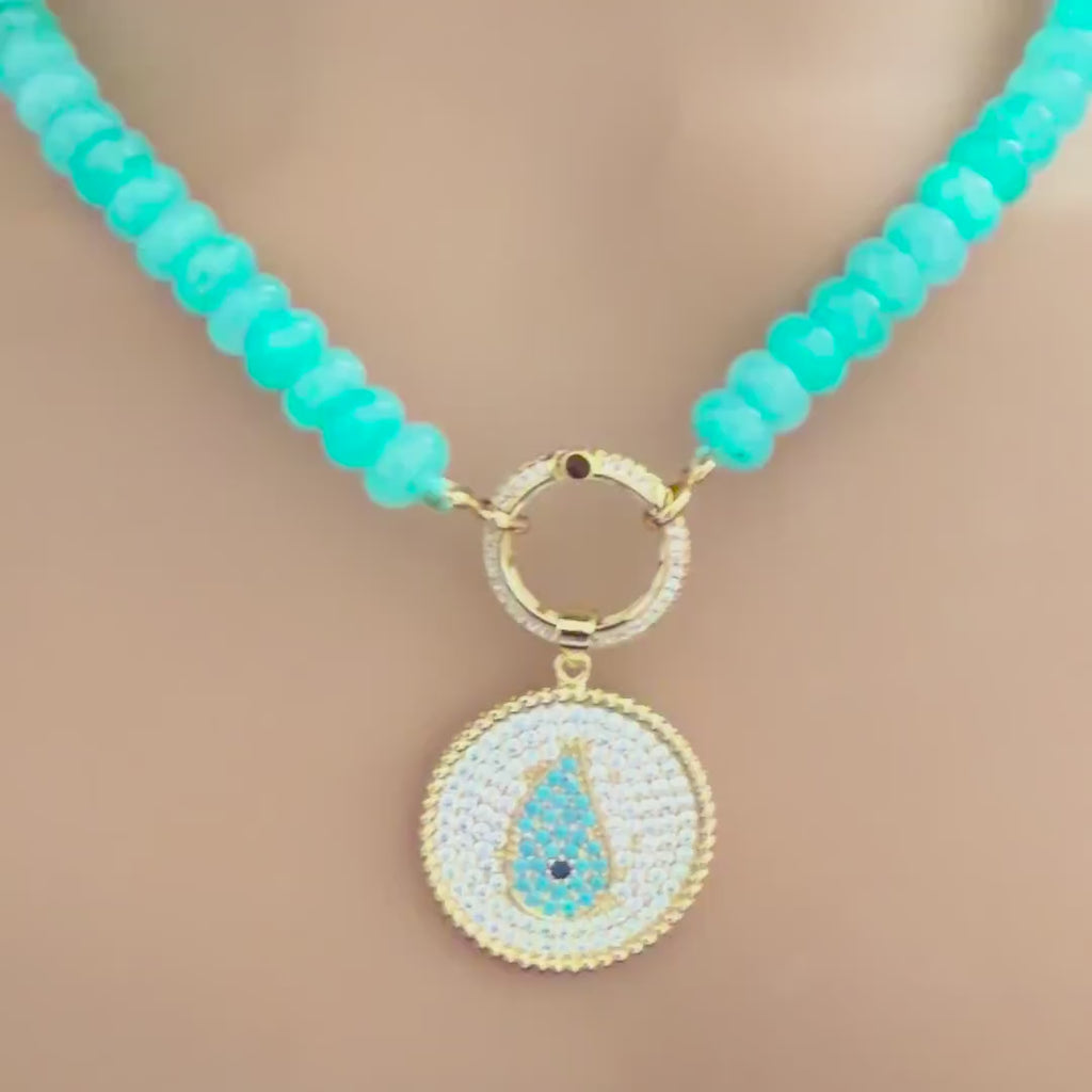 Turquoise Amazonite Bead Necklace-CZ Evil Eye Pendant-CZ Spring Clasp-Gift For Her