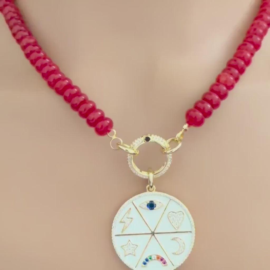 Red Jade Beaded Necklace-White Enamel and CZ Pendant- Gold CZ Spring Lock Clasp