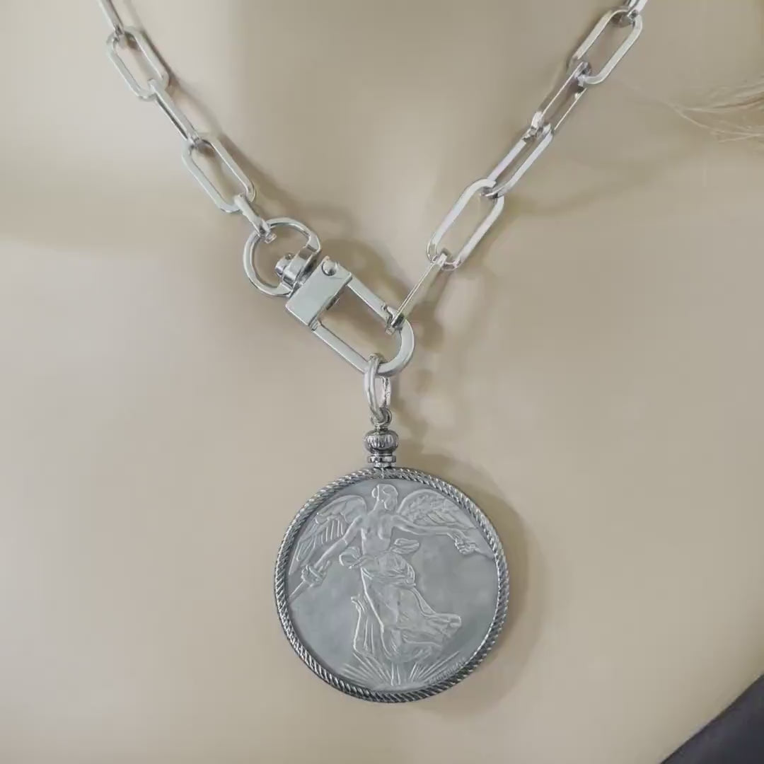 Silver Coin Pendant-Paperclip Chain Necklace-Burnished Silver Reproduction Coin-French Medal-Art Deco-Angel-Gunmetal Bezel-Spring Lock Clasp