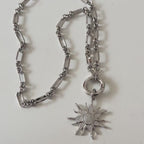 Silver Multi-Link Chain Necklace - Sun Burst Micro Pave Pendant-Spring Lock Clasp