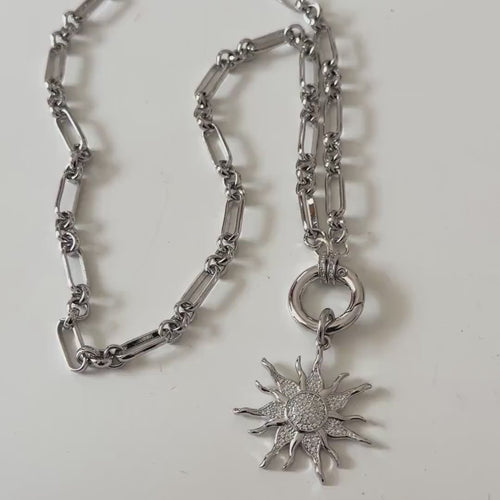 Silver Multi-Link Chain Necklace - Sun Burst Micro Pave Pendant-Spring Lock Clasp