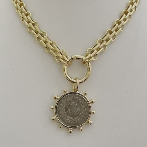 Gold Chunky Chain Necklace, French Coin Pendant, Art Deco Style