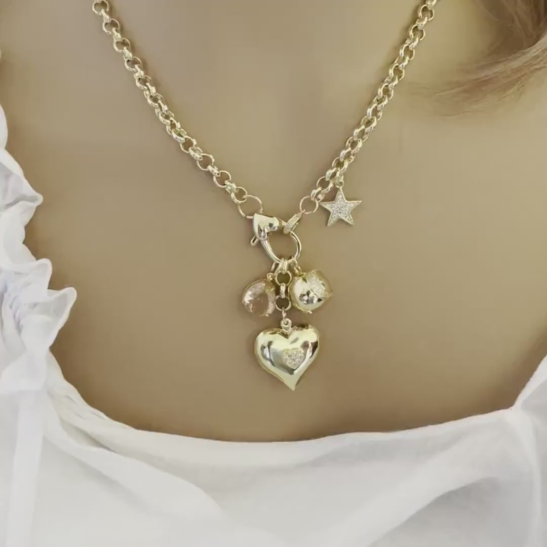 Gold Charm Necklace – Micro Pave Star, Heart, Peach Crystal