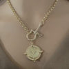 Gold Bee Pendant-Rolo Chain- CZ Shackle-CZ Connector Feature-French Bee Pendant-Coin Medallion-Equestrian Jewelry