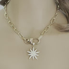 Gold Starburst Necklace-Micro Pave Starburst Pendant-Paperclip Chain Necklace-Spring Lock Clasp-Gift for Her