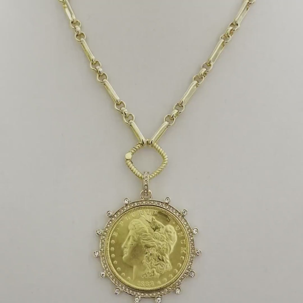 Gold Morgan Dollar Coin Necklace – Cubic Zirconia Bezel