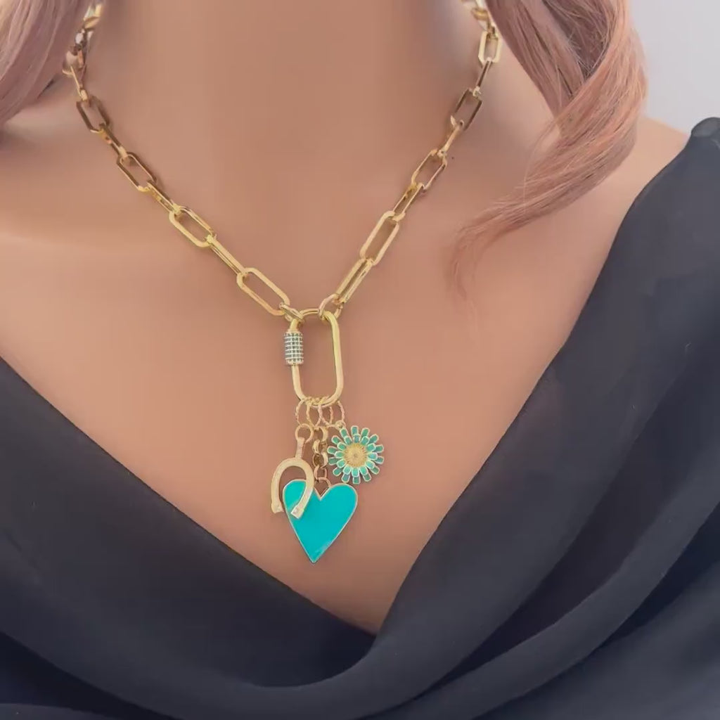 Gold Cable Chain Necklace: CZ Horseshoe, Turquoise Enamel Charms