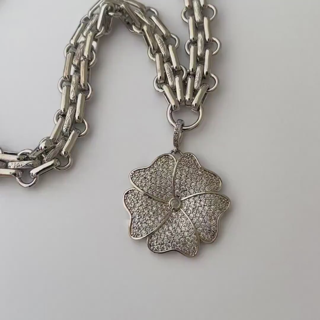 Silver Chunky Multilink Chain Necklace- Micro Pave Flower Pendant-CZ Charm-Silver Textured Chain Necklace-Lobster Clasp-Gift For Her