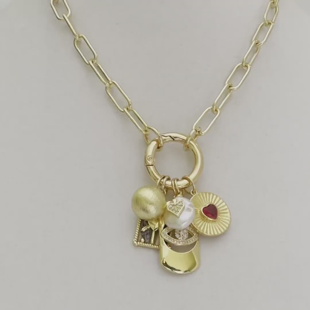 Gold Paperclip Charm Necklace-5 Charms-Fresh Water Pearl-Evil Eye Charm-Coat of Arms- Ball Charm-Ruby Heart Radial Charm-Spring Clasp