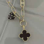 Gold Paperclip Chain-Mixed Charm Necklace-Black Enamel Clover Pendant-Black Heart Charm- Mariner CZ Connector-Lobster Clasp-Gift For Her