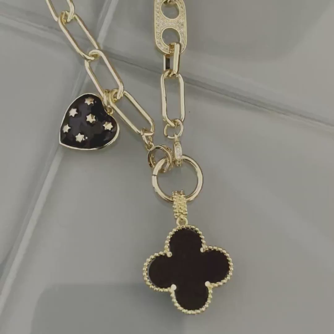 Gold Paperclip Chain-Mixed Charm Necklace-Black Enamel Clover Pendant-Black Heart Charm- Mariner CZ Connector-Lobster Clasp-Gift For Her