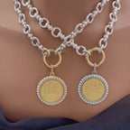 Chunky Matte Silver Chain Necklace - Rose Coin Pendant, Pearl Bezel