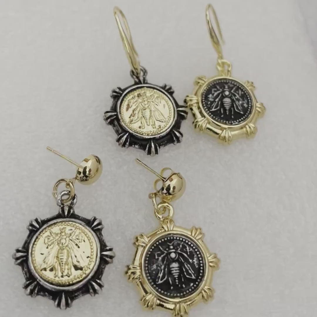 French Bee Coin  Earrings-Reproduction Coin-Dangle Hook Earrings-Stud Earrings-Mixed Metal Jewelry-Gift For Her