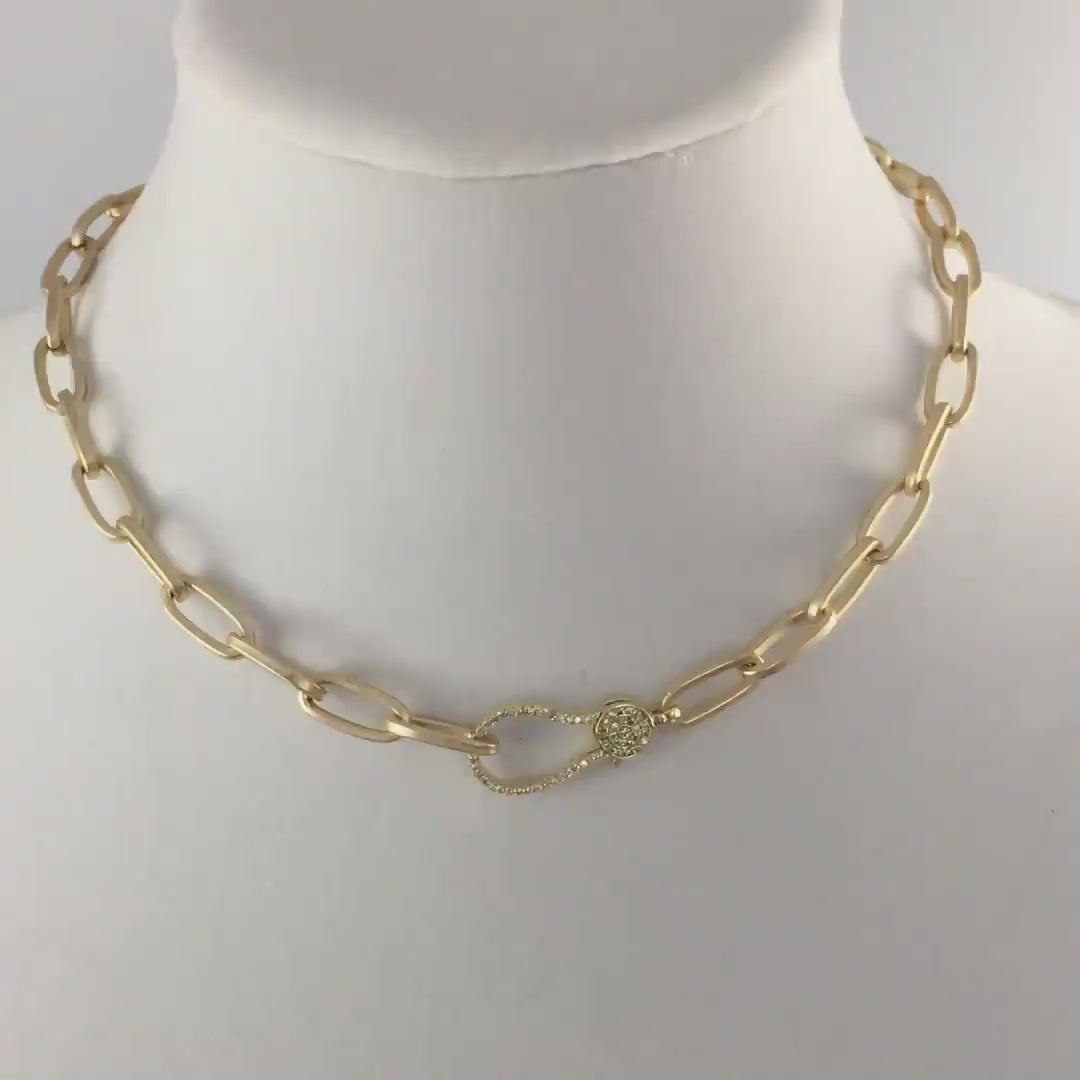 Matte Gold Paperclip Chain Choker Necklace, Pavé Lobster Clasp
