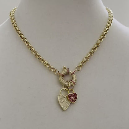 Gold Multiple Charm Necklace-Rolo Chain Necklace-CZ Mariner Clasp-Gold and Ruby CZ Heart Pendants -Gift For Her