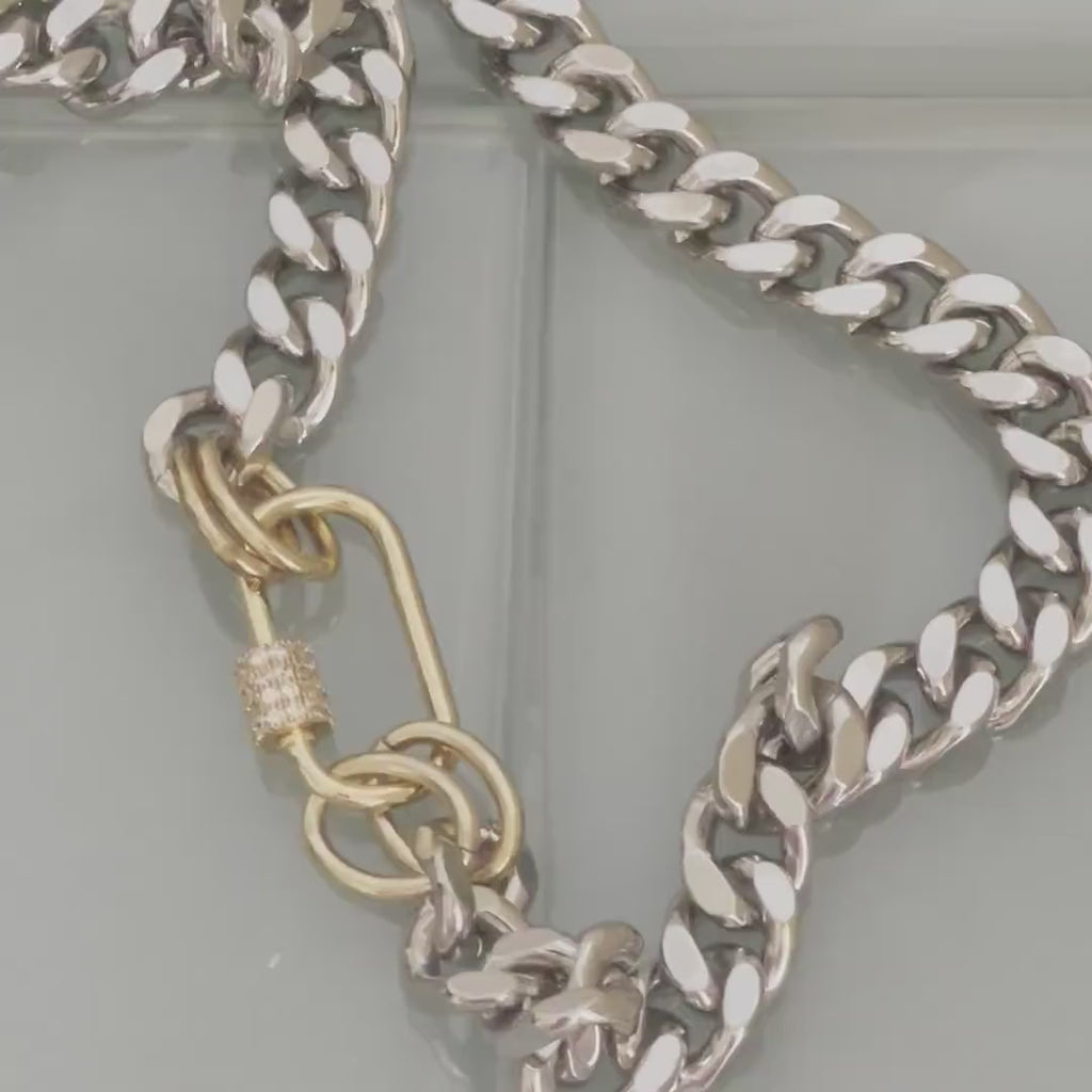 Silver Miami Cuban Chain Necklace – Gold Carabiner Clasp, Mixed Metal