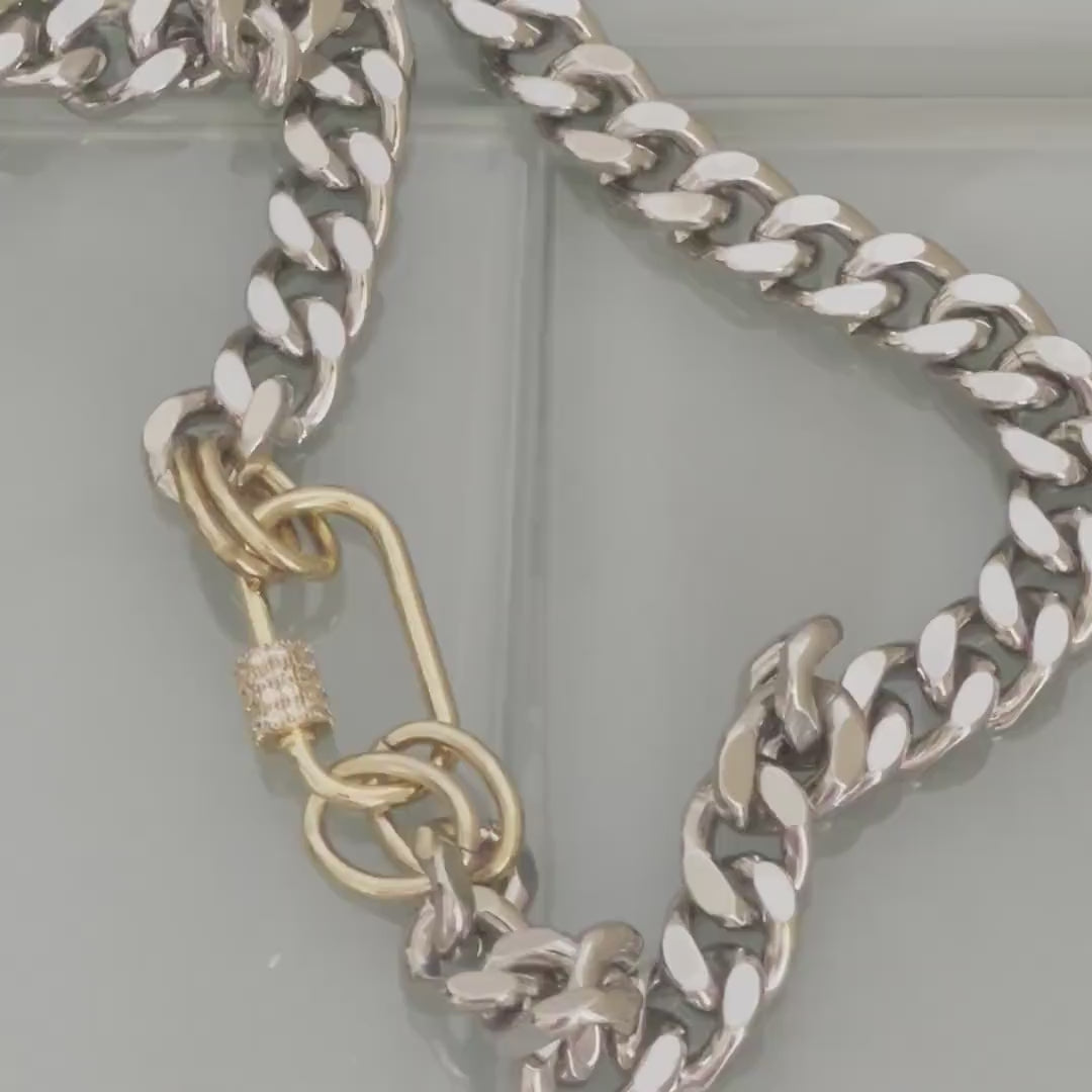 Silver Miami Cuban Chain Necklace – Gold Carabiner Clasp, Mixed Metal
