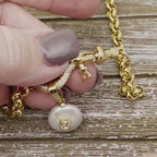Gold Rolo Chain Necklace, Pave Shackle, CZ Pearl Pendant