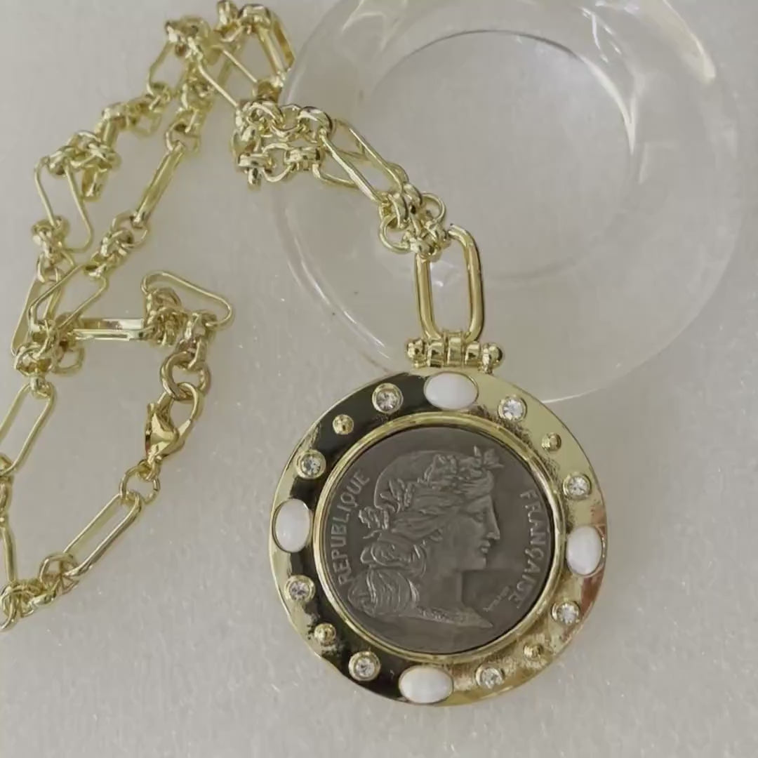 Reproduction French Coin Pendant Necklace, Gold Bezel, CZ & Mother of Pearl Accents