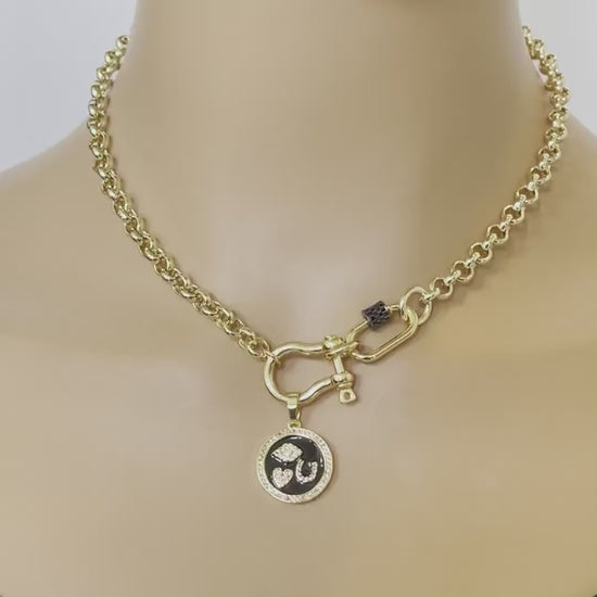 Gold Rolo Shackle Necklace-Gunmetal CZ Screw Carabiner-Black Enamel I Love You Pictogram Charm-Lobster Closure-Gift For Her