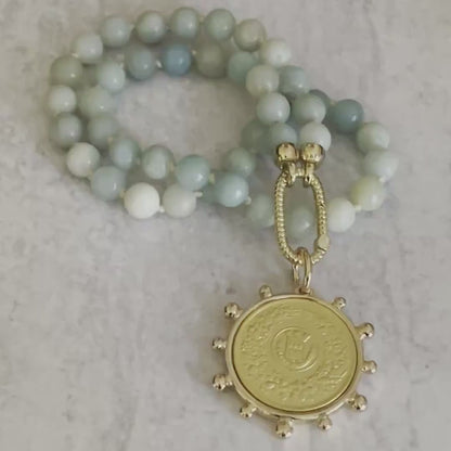 Amazonite Bead Necklace-Hand Knotted-Gold  Carabiner Clasp-French Horticole De Dison-Medal-Coin Pendant- Spiked Bezel Coin-Gift For Her