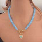 Blue Jade Bead Necklace-CZ Heart Pendant- Gold Spring Clasp-Semi Precious Beads-Gift For Her