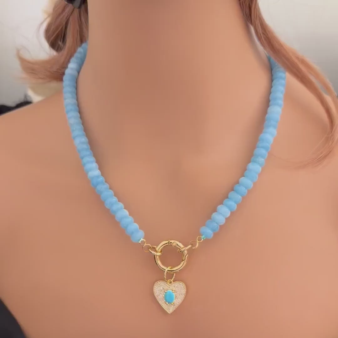 Blue Jade Bead Necklace-CZ Heart Pendant- Gold Spring Clasp-Semi Precious Beads-Gift For Her