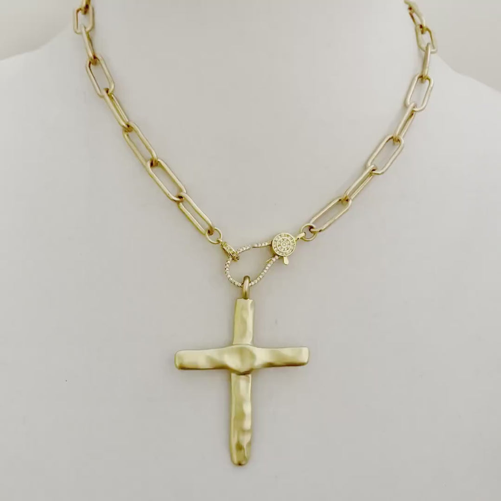 Matte Silver Cross Pendant Necklace: Paperclip Chain, Carabiner Clasp