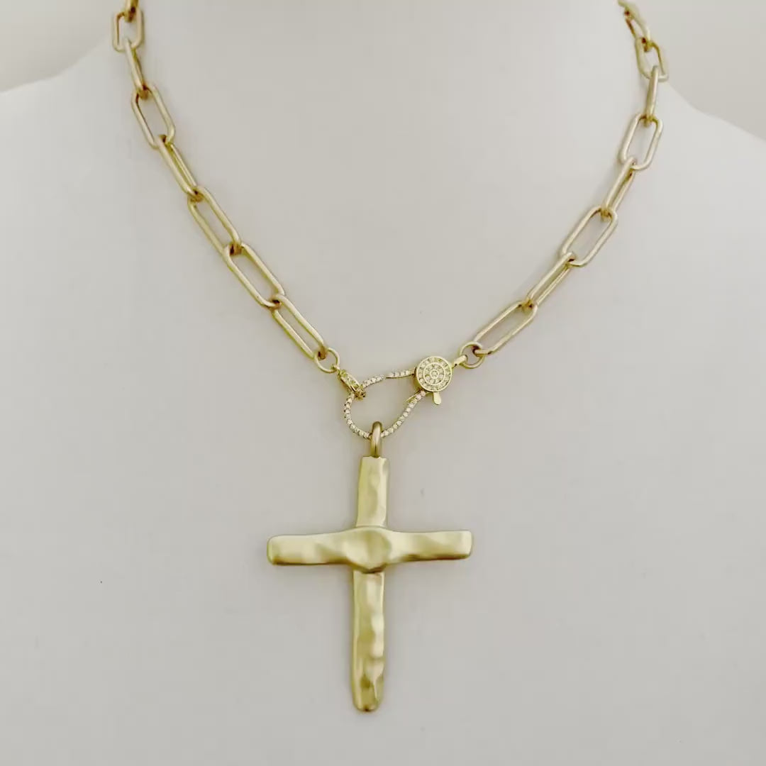 Matte Silver Cross Pendant Necklace: Paperclip Chain, Carabiner Clasp