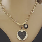 Gold Paperclip Chain Necklace-Large CZ Micro Pave Heart Pendant-Cubic Zirconia Two Tone Medallion-Black enamel CZ Charm-Lobster Clasp