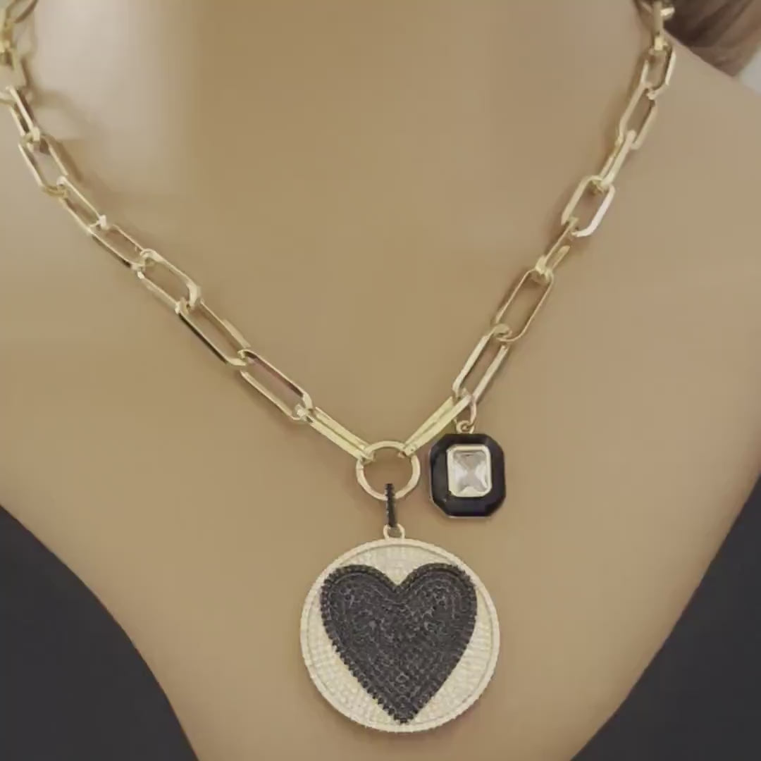 Gold Paperclip Chain Necklace-Large CZ Micro Pave Heart Pendant-Cubic Zirconia Two Tone Medallion-Black enamel CZ Charm-Lobster Clasp