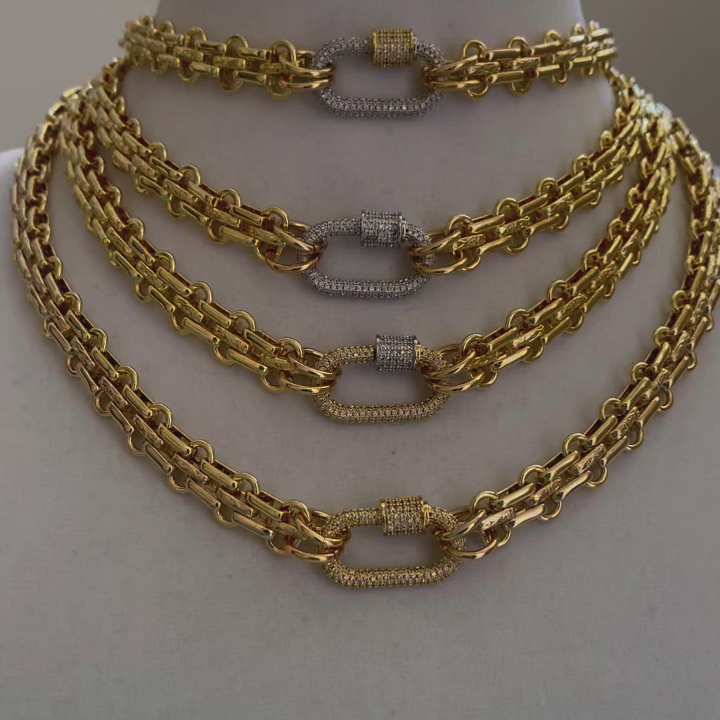 Gold Carabiner Necklace-Chunky Multilink Chain Necklace-Shiny Textured Chain Necklace- Pave Screw Lock Clasp