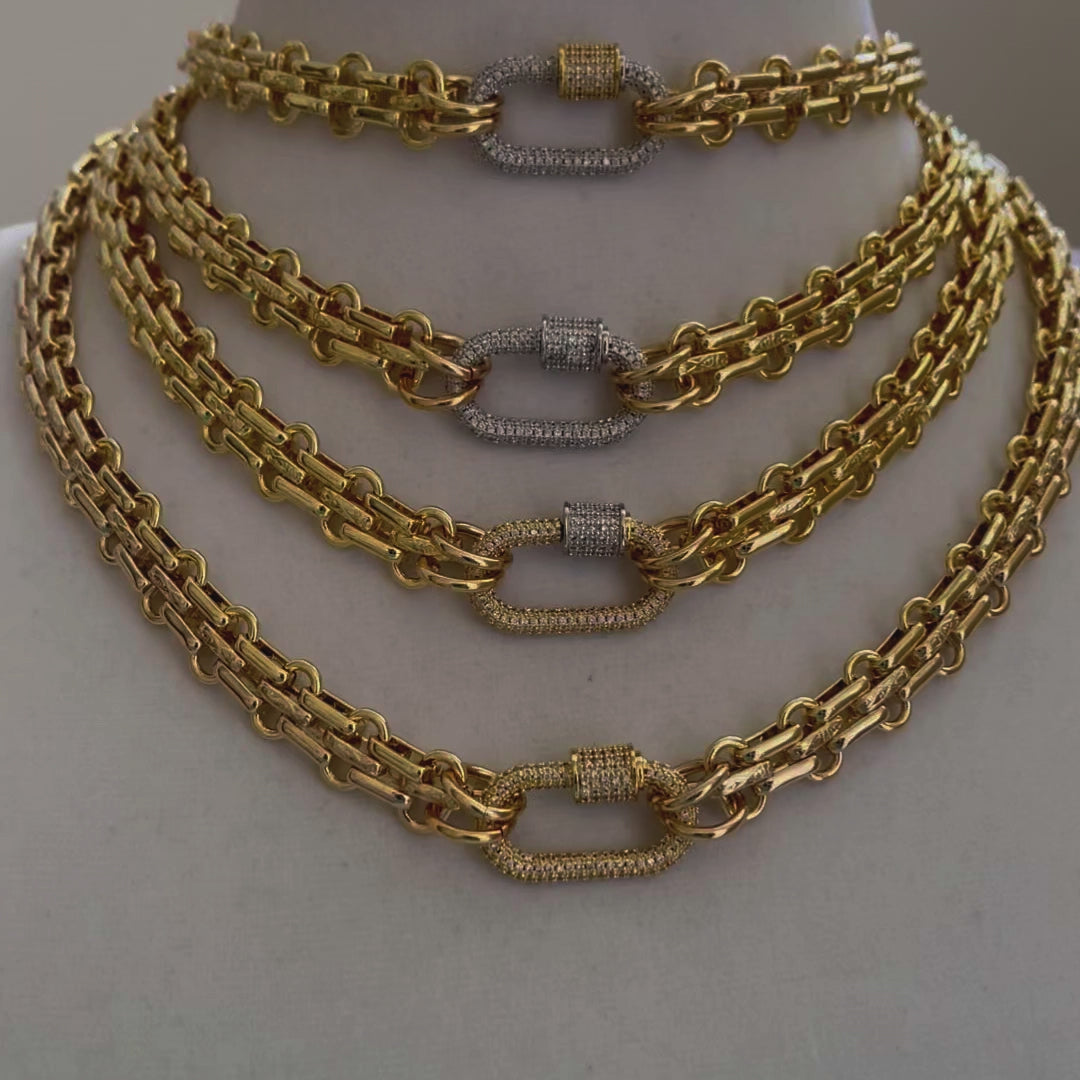 Gold Carabiner Necklace-Chunky Multilink Chain Necklace-Shiny Textured Chain Necklace- Pave Screw Lock Clasp
