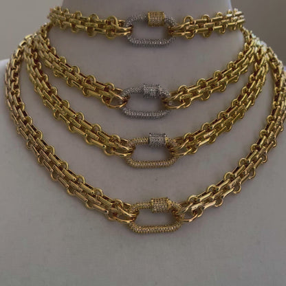 Gold Carabiner Necklace-Chunky Multilink Chain Necklace-Shiny Gold Textured Chain Necklace- Pave Carabiner Screw Lock Clasp