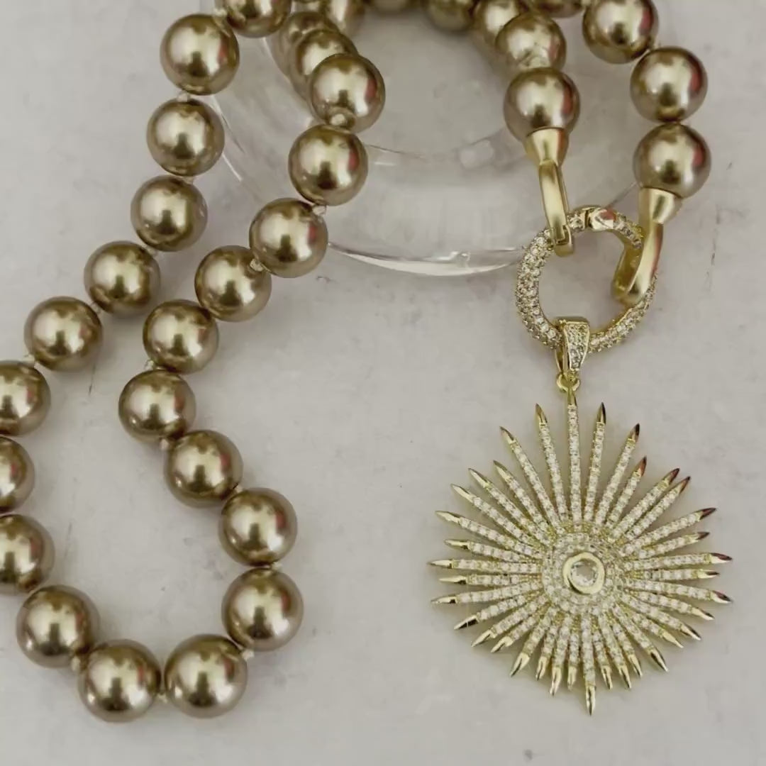 Hand Knotted Bronze Pearl Necklace – Gold Micro Pave Sunburst Pendant