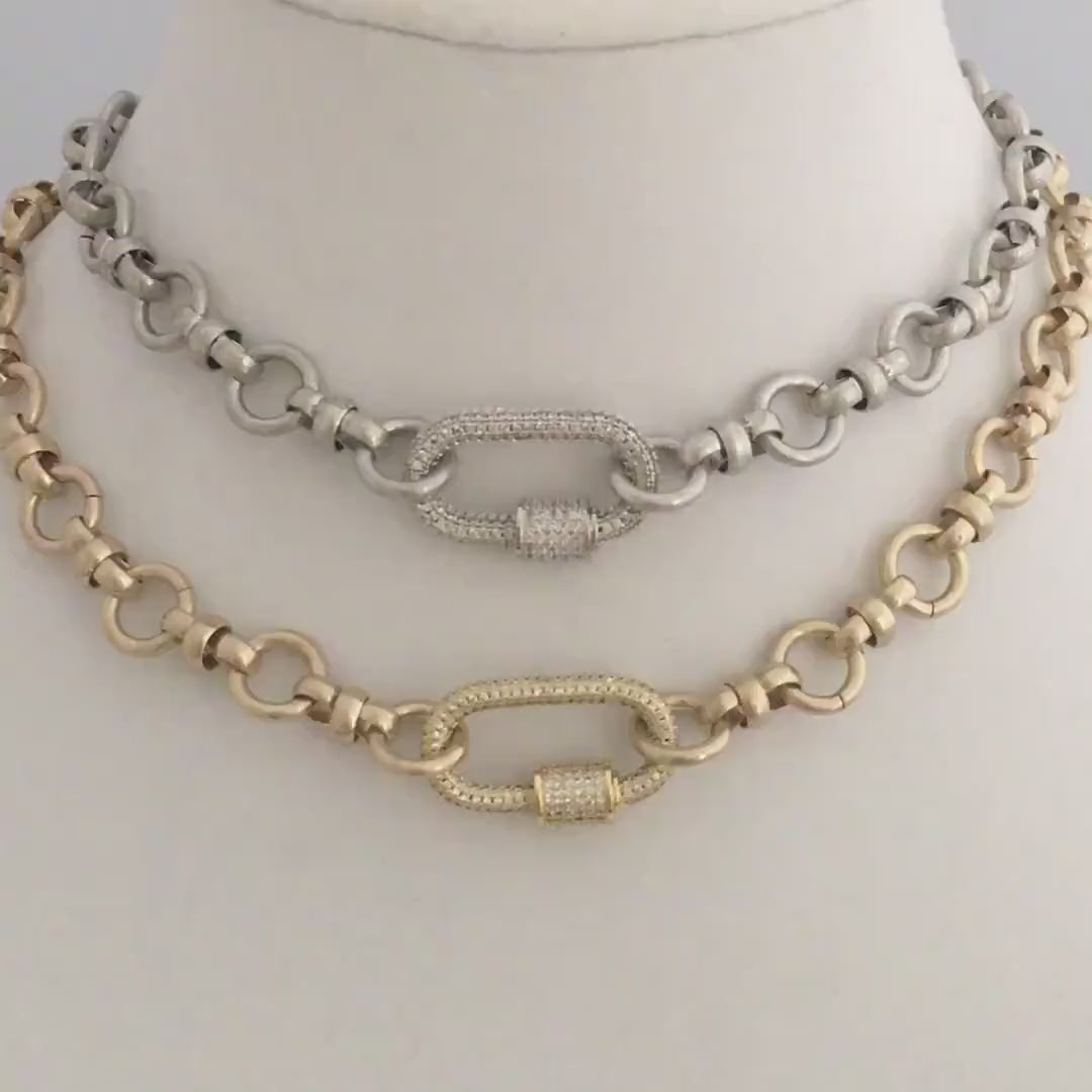 Pave Carabiner Necklace, Satin Silver, Worn Gold, Brass Cable Chain, Screw Lock Clasp