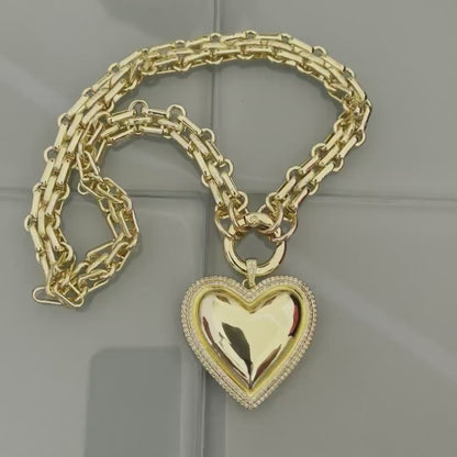 Gold Chunky Multilink Chain Necklace-Large Heart Pendant-Micro Pave Bezel- Gold Textured Chain Necklace-Spring Clasp-Gift For Her