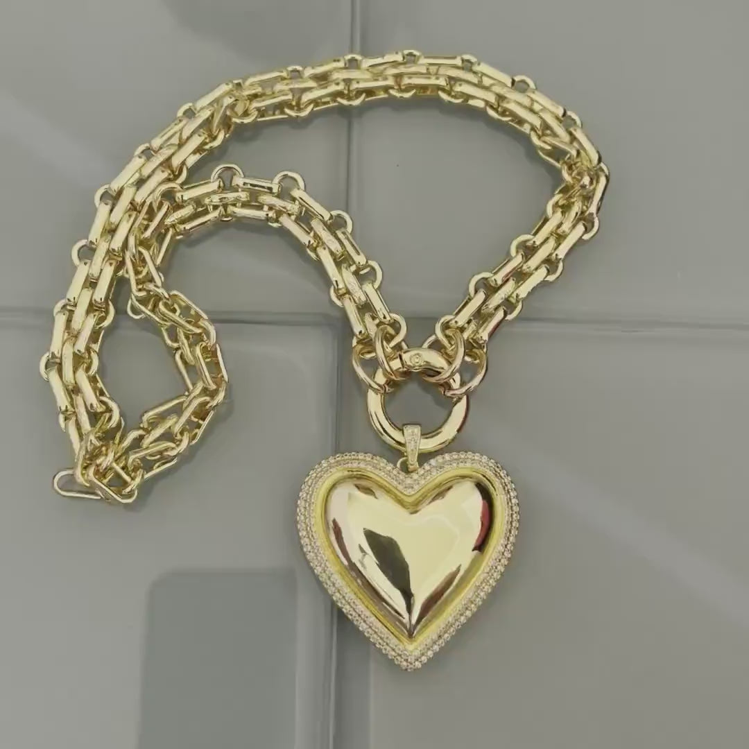 Gold Chunky Multilink Chain Necklace-Large Heart Pendant-Micro Pave Bezel- Gold Textured Chain Necklace-Spring Clasp-Gift For Her