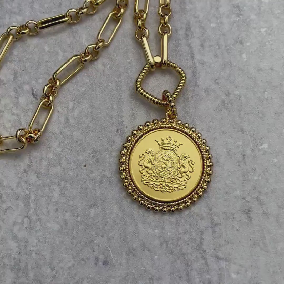 Gold Shield Coin Necklace, Multi-Link Chain, Textured Bezel
